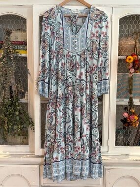 Boho Maxi Dress in Light Blue Floral Paisley